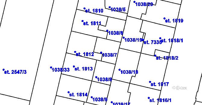 Parcela st. 1038/7 v KÚ Mladá Boleslav, Katastrální mapa