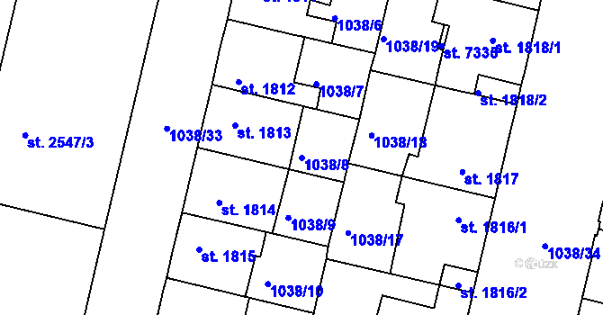 Parcela st. 1038/8 v KÚ Mladá Boleslav, Katastrální mapa