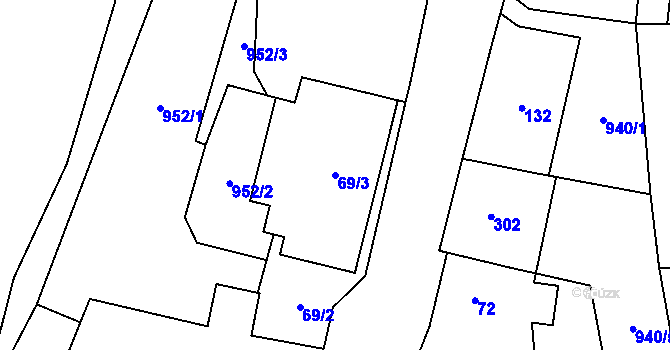 Parcela st. 69/3 v KÚ Debř, Katastrální mapa