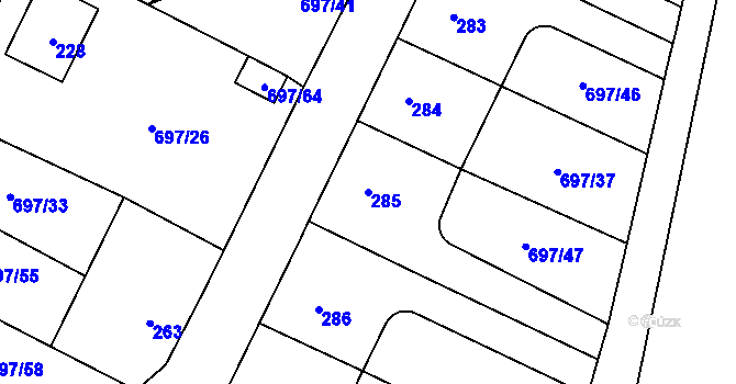 Parcela st. 285 v KÚ Debř, Katastrální mapa