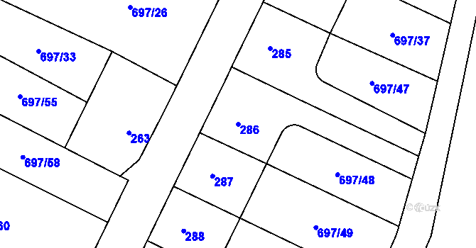 Parcela st. 286 v KÚ Debř, Katastrální mapa