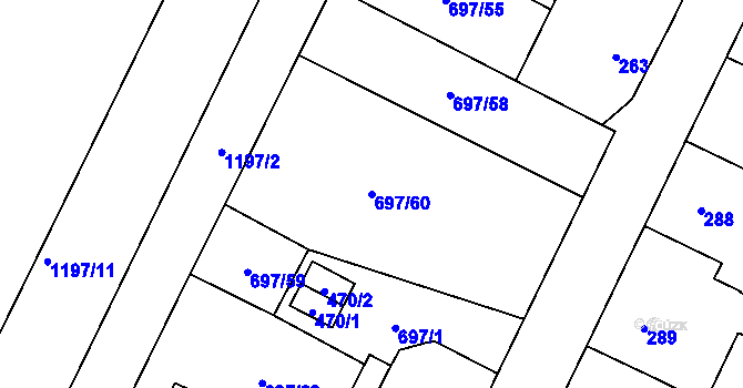 Parcela st. 697/60 v KÚ Debř, Katastrální mapa