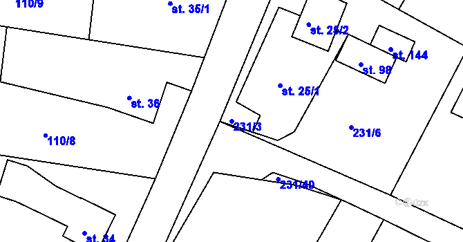 Parcela st. 231/3 v KÚ Mladé Bříště, Katastrální mapa