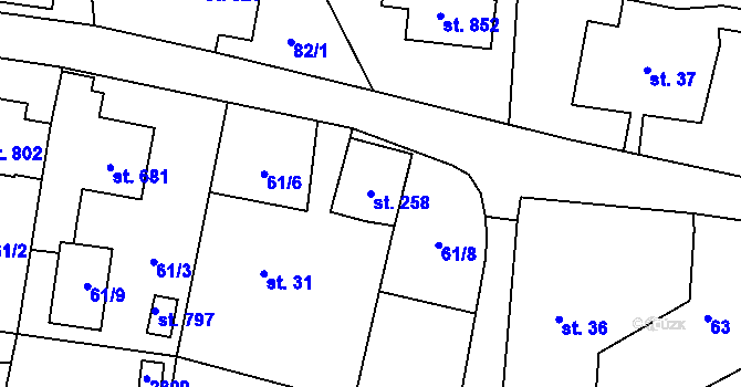 Parcela st. 258 v KÚ Mladé Buky, Katastrální mapa