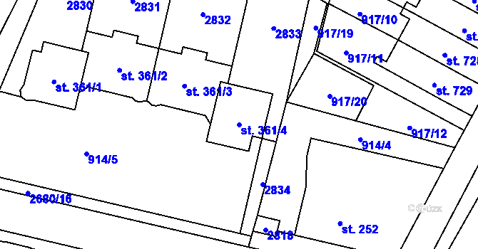 Parcela st. 361/4 v KÚ Mladé Buky, Katastrální mapa