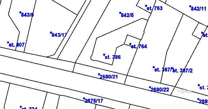 Parcela st. 386 v KÚ Mladé Buky, Katastrální mapa
