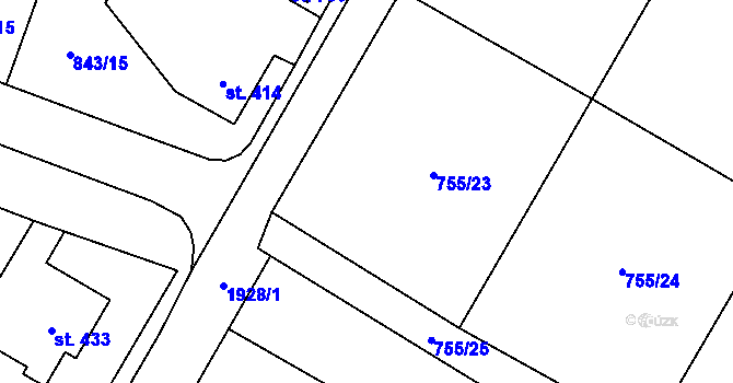 Parcela st. 755/23 v KÚ Mladé Buky, Katastrální mapa