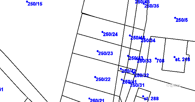 Parcela st. 250/23 v KÚ Mladeč, Katastrální mapa