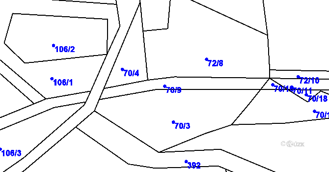 Parcela st. 70/9 v KÚ Hubojedy, Katastrální mapa