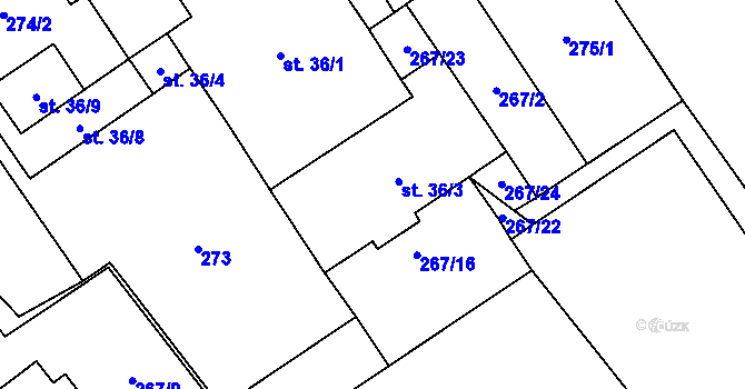 Parcela st. 36/3 v KÚ Komárov u Mladějovic, Katastrální mapa