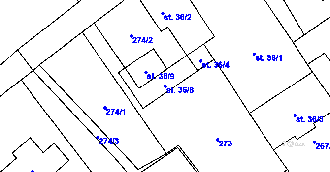 Parcela st. 36/8 v KÚ Komárov u Mladějovic, Katastrální mapa