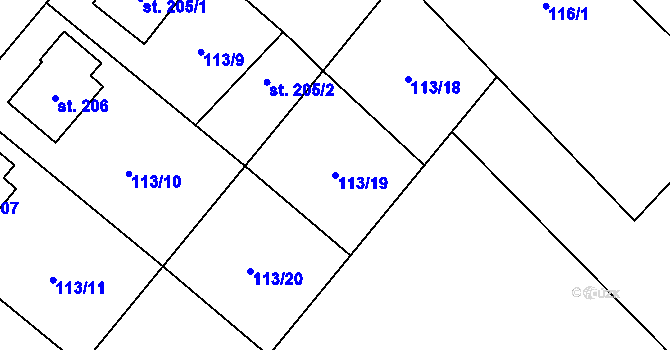 Parcela st. 113/19 v KÚ Mladějovice u Šternberka, Katastrální mapa