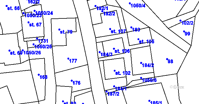 Parcela st. 184/3 v KÚ Mladkov, Katastrální mapa