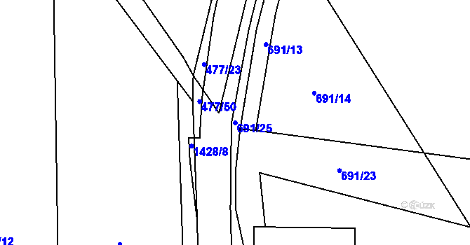 Parcela st. 691/25 v KÚ Mladošovice, Katastrální mapa