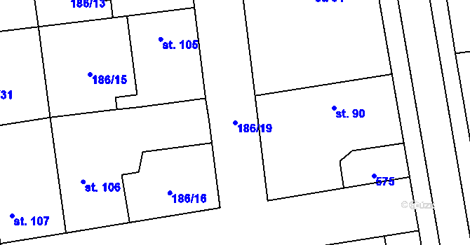 Parcela st. 186/19 v KÚ Mlékosrby, Katastrální mapa