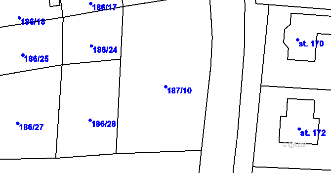 Parcela st. 187/10 v KÚ Mlékosrby, Katastrální mapa