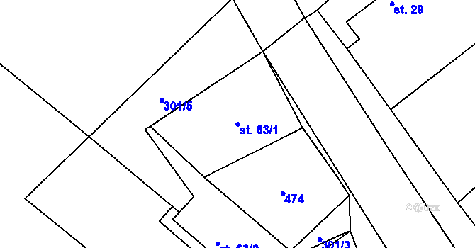 Parcela st. 63/1 v KÚ Mlýnec u Kopidlna, Katastrální mapa