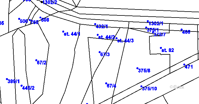 Parcela st. 67/3 v KÚ Mlýnec u Kopidlna, Katastrální mapa