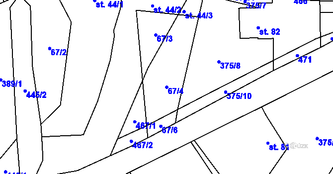 Parcela st. 67/4 v KÚ Mlýnec u Kopidlna, Katastrální mapa