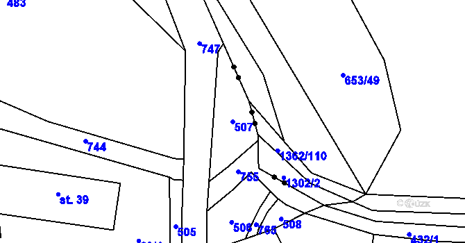 Parcela st. 507 v KÚ Mlýnec u Kopidlna, Katastrální mapa