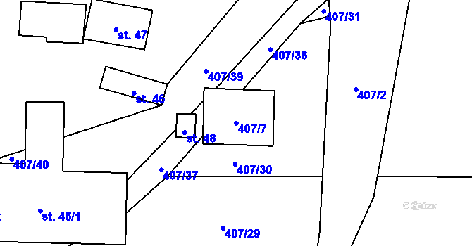 Parcela st. 407/7 v KÚ Hvožďany u Poběžovic, Katastrální mapa