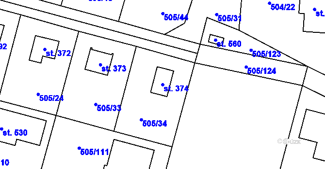 Parcela st. 374 v KÚ Myšlín, Katastrální mapa