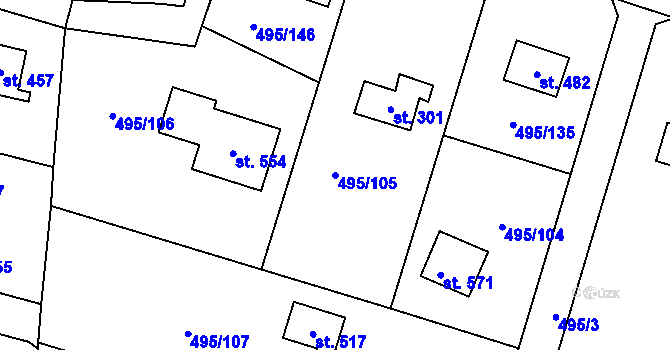 Parcela st. 495/105 v KÚ Myšlín, Katastrální mapa