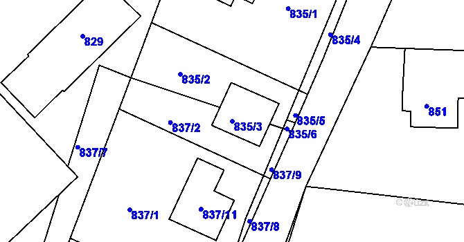 Parcela st. 835/3 v KÚ Mníšek pod Brdy, Katastrální mapa