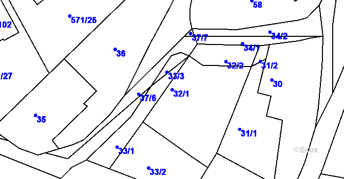 Parcela st. 32/1 v KÚ Rymaně, Katastrální mapa
