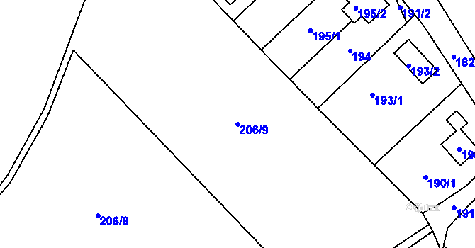 Parcela st. 206/9 v KÚ Rymaně, Katastrální mapa