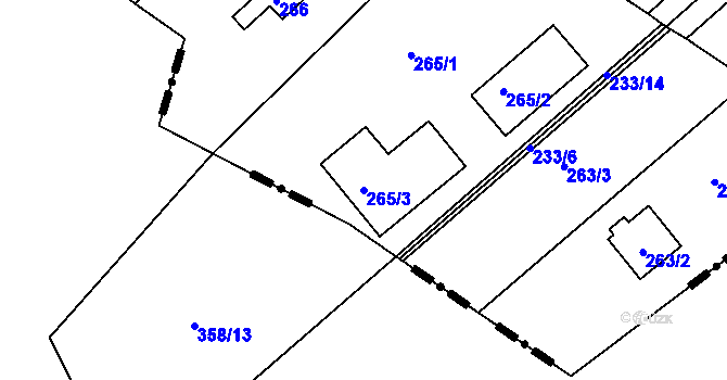 Parcela st. 265/3 v KÚ Rymaně, Katastrální mapa