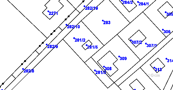 Parcela st. 281/5 v KÚ Rymaně, Katastrální mapa