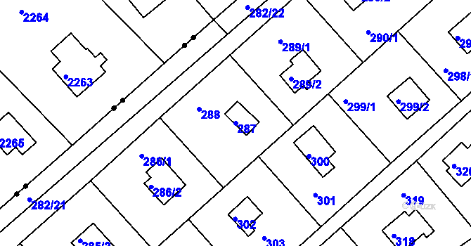 Parcela st. 287 v KÚ Rymaně, Katastrální mapa