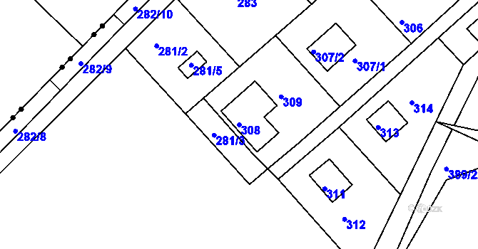 Parcela st. 308 v KÚ Rymaně, Katastrální mapa