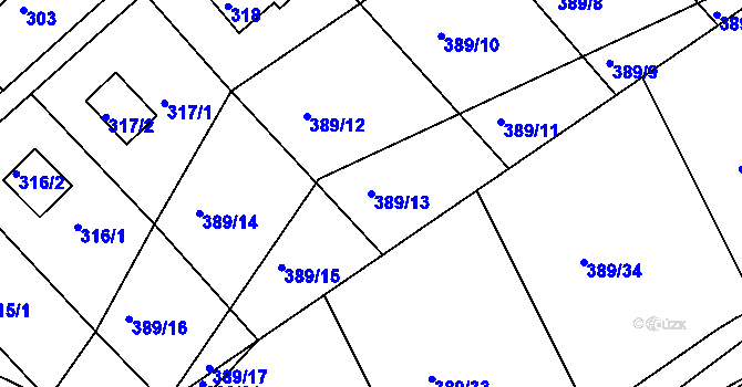 Parcela st. 389/13 v KÚ Rymaně, Katastrální mapa
