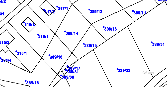Parcela st. 389/15 v KÚ Rymaně, Katastrální mapa