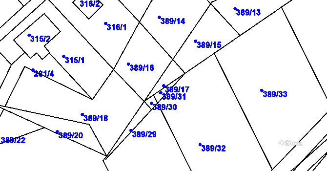 Parcela st. 389/17 v KÚ Rymaně, Katastrální mapa