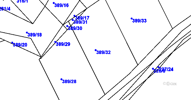 Parcela st. 389/32 v KÚ Rymaně, Katastrální mapa