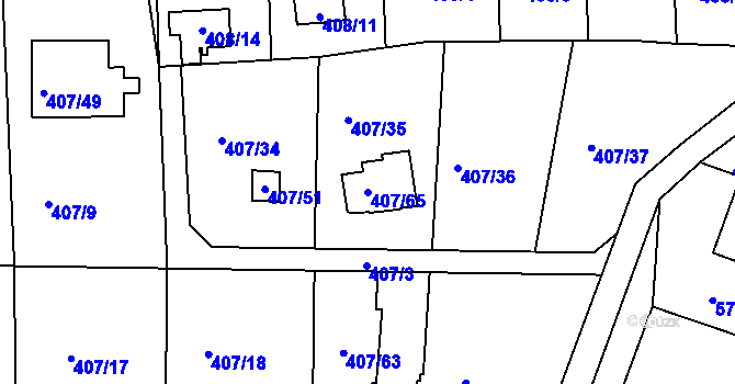 Parcela st. 407/65 v KÚ Rymaně, Katastrální mapa