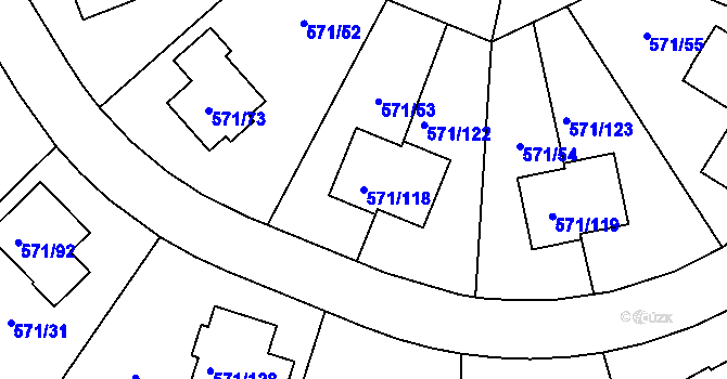Parcela st. 571/118 v KÚ Rymaně, Katastrální mapa