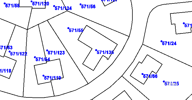 Parcela st. 571/135 v KÚ Rymaně, Katastrální mapa