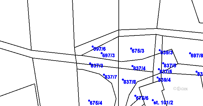 Parcela st. 697/3 v KÚ Mniší, Katastrální mapa