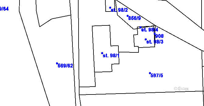 Parcela st. 98/1 v KÚ Mniší, Katastrální mapa