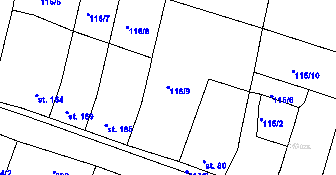 Parcela st. 116/9 v KÚ Modlany, Katastrální mapa