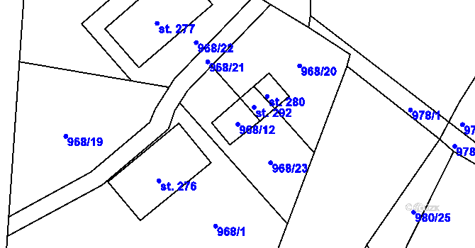 Parcela st. 968/12 v KÚ Modlibohov, Katastrální mapa