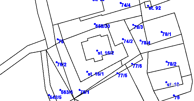 Parcela st. 16/2 v KÚ Modřec, Katastrální mapa