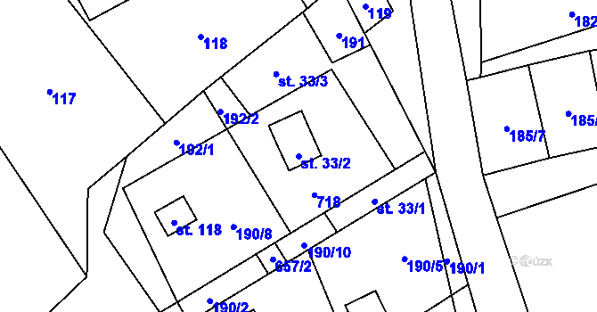 Parcela st. 33/2 v KÚ Modřec, Katastrální mapa