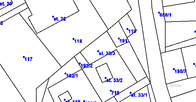 Parcela st. 33/3 v KÚ Modřec, Katastrální mapa