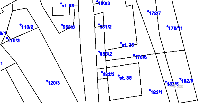 Parcela st. 658/2 v KÚ Modřec, Katastrální mapa