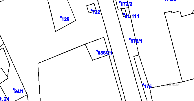 Parcela st. 658/21 v KÚ Modřec, Katastrální mapa